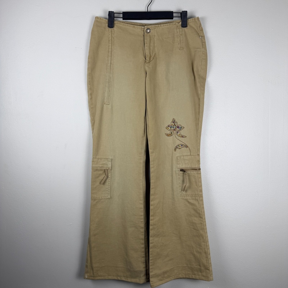 Gasoline Cargo Pants Women's 9 Tan Flare Leg Relaxed Cotton Embroidery Y2K VTG